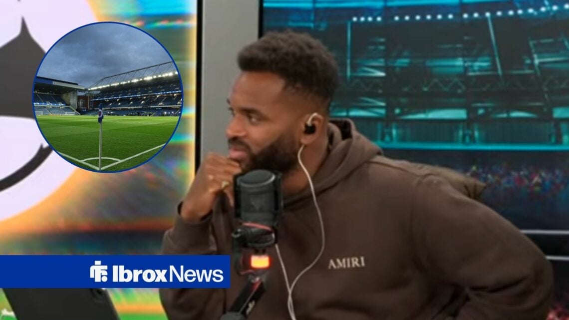 Darren Bent presenting talkSPORT, with an image of Ibrox in a circular frame
