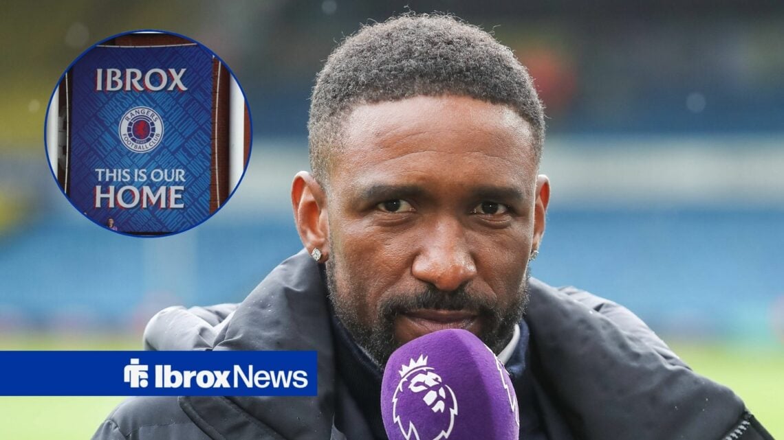 Jermain Defoe working as a pundit, with an Ibrox banner in a circular frame inset