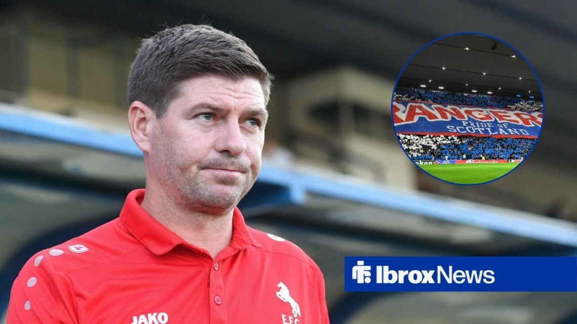 Steven Gerrard watches on, with Rangers fans inside Ibrox in a circular frame