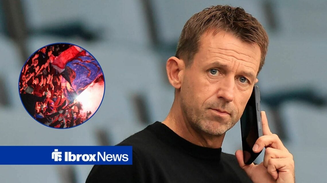 Former Rangers player Neil McCann talks on the phone with Rangers fans inset
