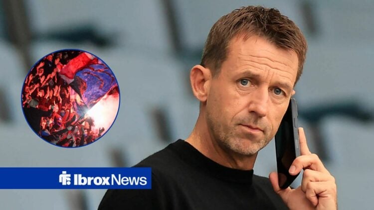 Former Rangers player Neil McCann talks on the phone with Rangers fans inset