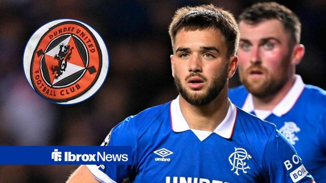 Nico Raskin with hands on hips with Dundee United badge in circle