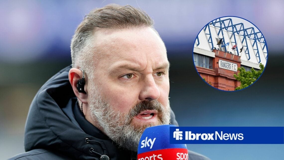 Kris Boyd working as a Sky Sports pundit, with a circular inset of Ibrox