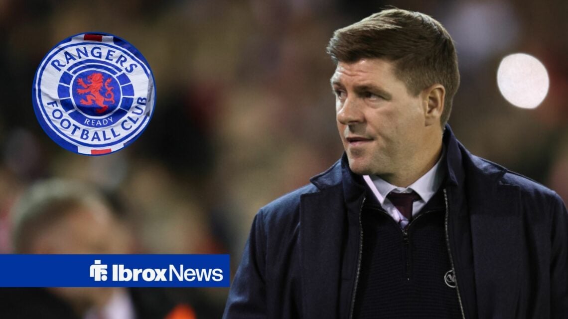 Steven Gerrard alongside a circle inset of the Rangers badge.