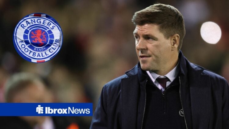 Steven Gerrard alongside a circle inset of the Rangers badge.