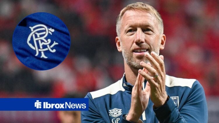 Graham Potter smiling and clapping looking towards a Rangers badge in a circle inset