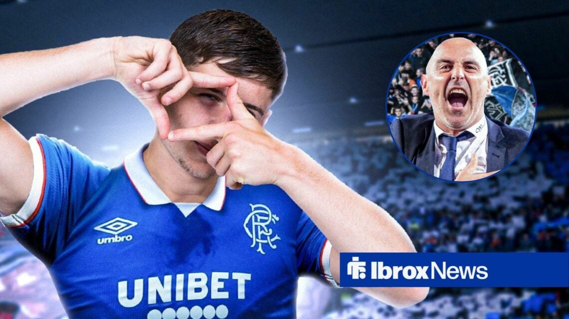 Mikey Moore doing his trademark celebration in a Rangers shirt looking towards Kevin Muscat celebrating