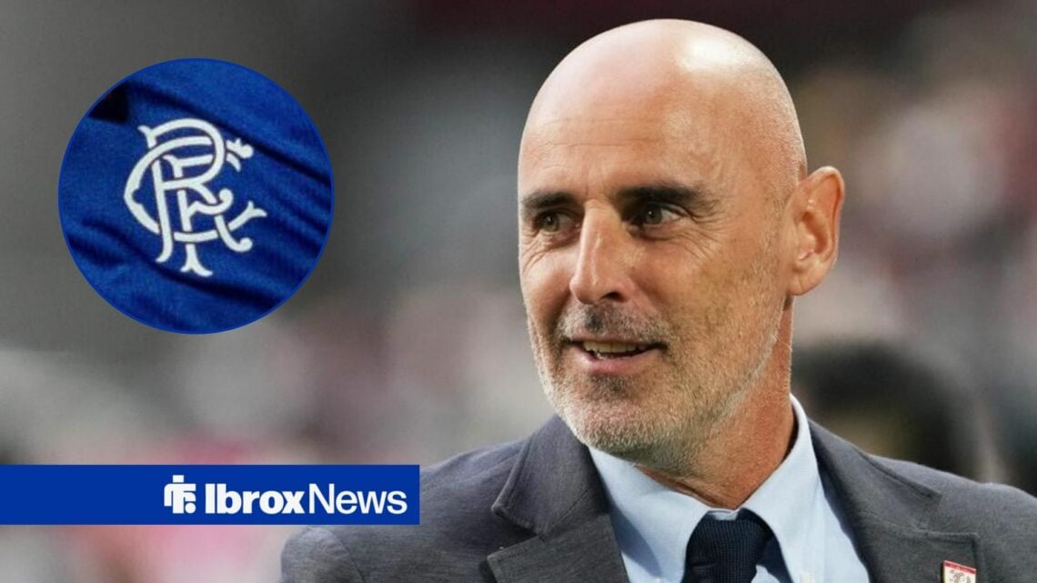 Kevin Muscat looking happy towards a circle inset of the Rangers badge