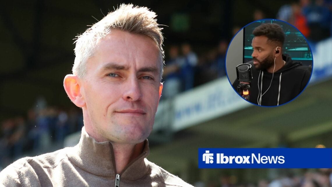 Kieran McKenna smiling looking towards Darren Bent on talkSPORT in a circle inset