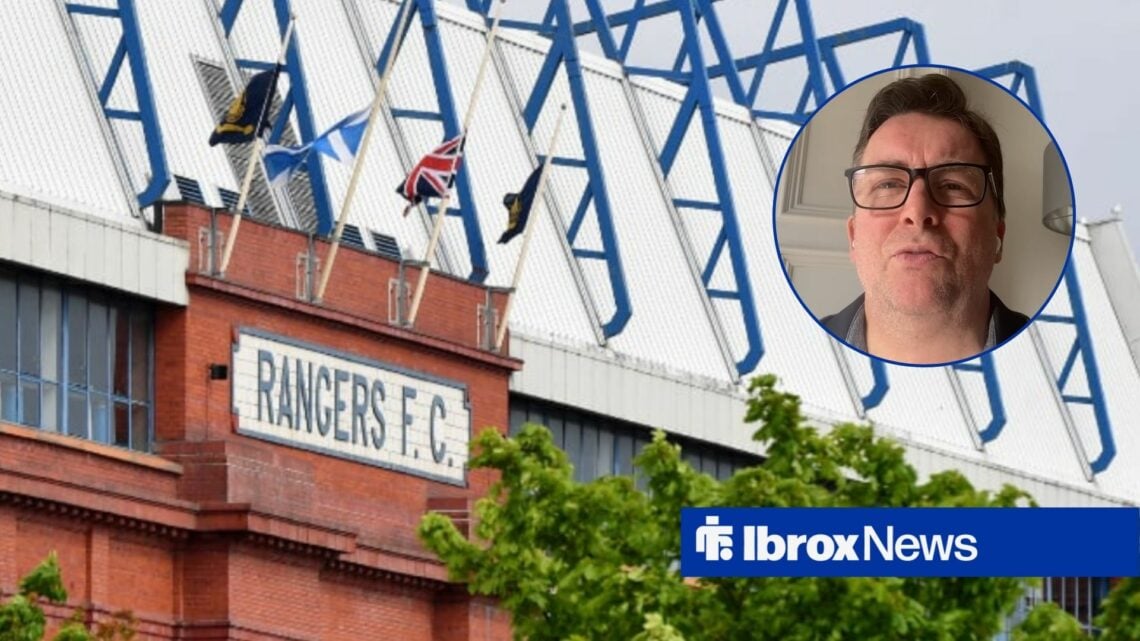 David Tanner speaking in a circle inset looking at an image of Ibrox