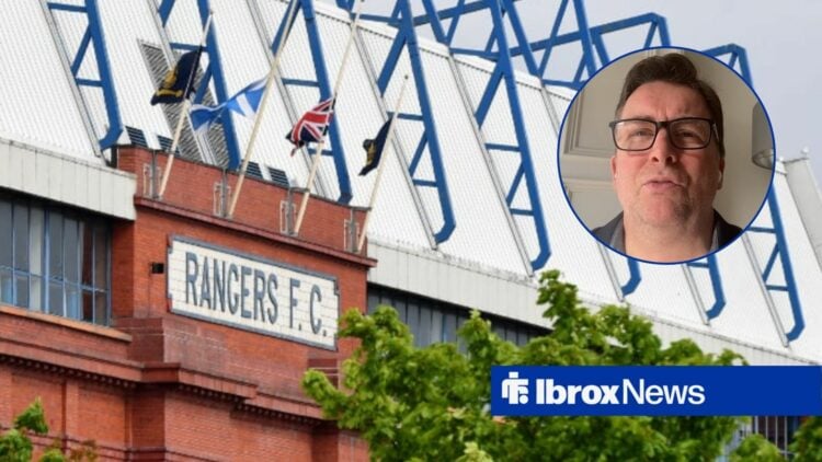 David Tanner speaking in a circle inset looking at an image of Ibrox