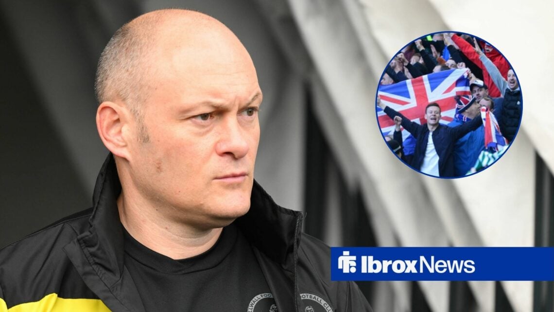 Alex Neil looking annoyed towards Rangers fans in a circle inset