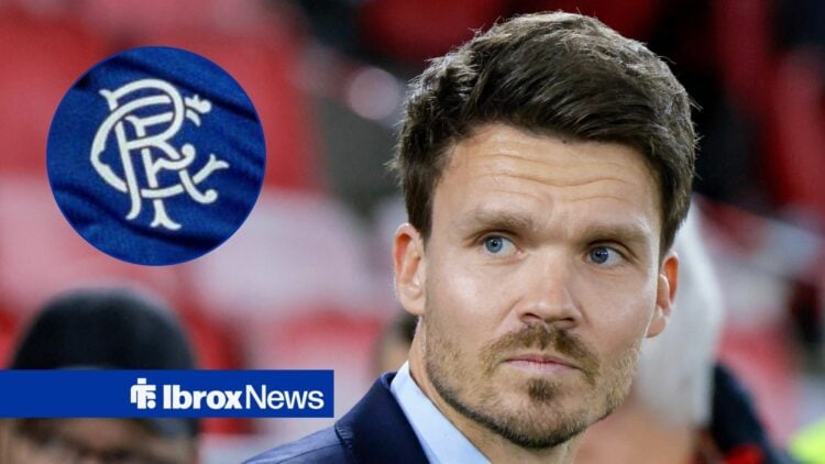 Danny Rohl with a serious look on his face, looking in the direction of the Rangers badge.