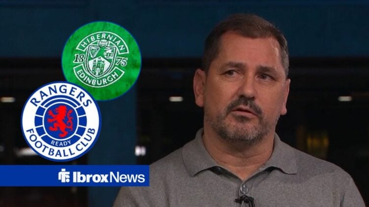 Jackie McNamara looking at Hibernian and Rangers badges.
