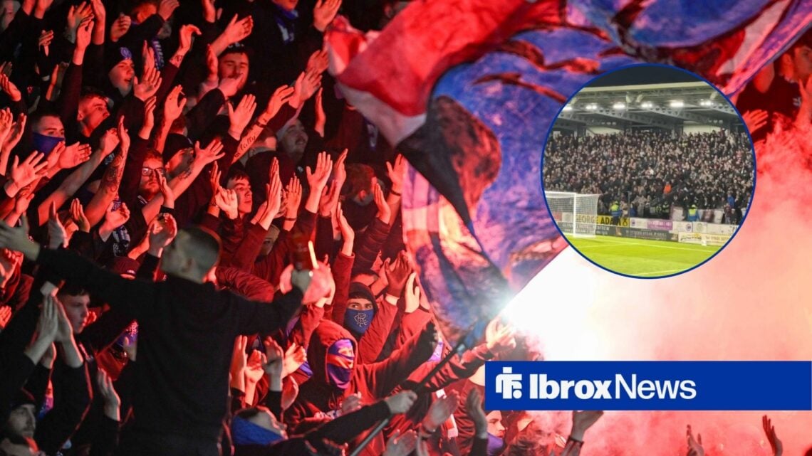 Rangers fans looking at an image of Hearts fans at St. Mirren.