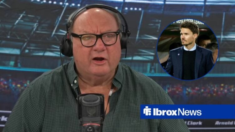 Alan Brazil looks shocked in the talkSPORT studio. To his right is a picture of Rangers manager Danny Rohl.
