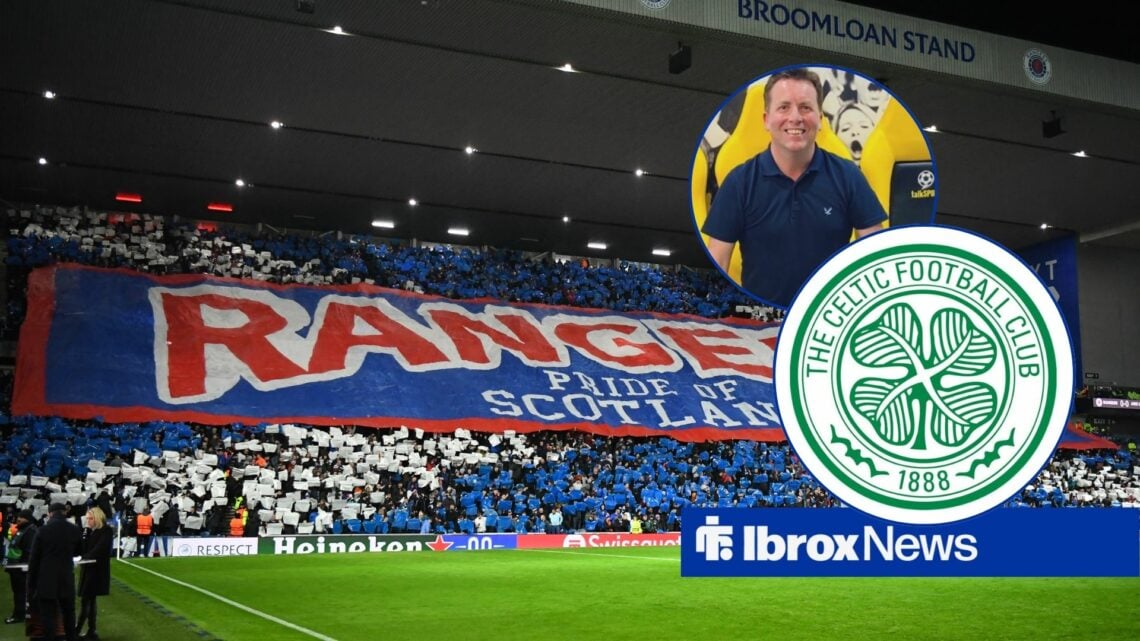 Rangers flag and stand full with fans as background, with David Tanner's X profile picture on the right, with Celtic's badge on the right below Tan...