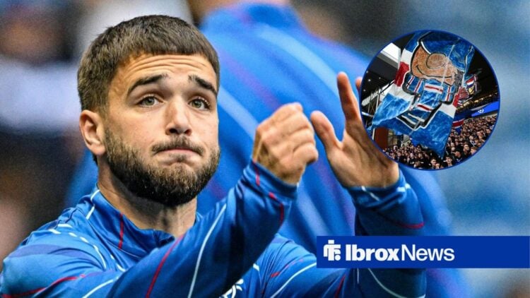 Nico Raskin alongside a circle inset of Rangers fans at Ibrox.