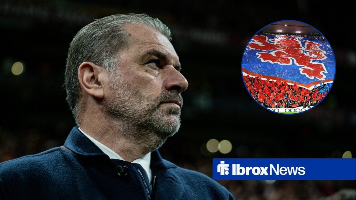 Ange Postecoglou alongside a circle inset of the Rangers fans.