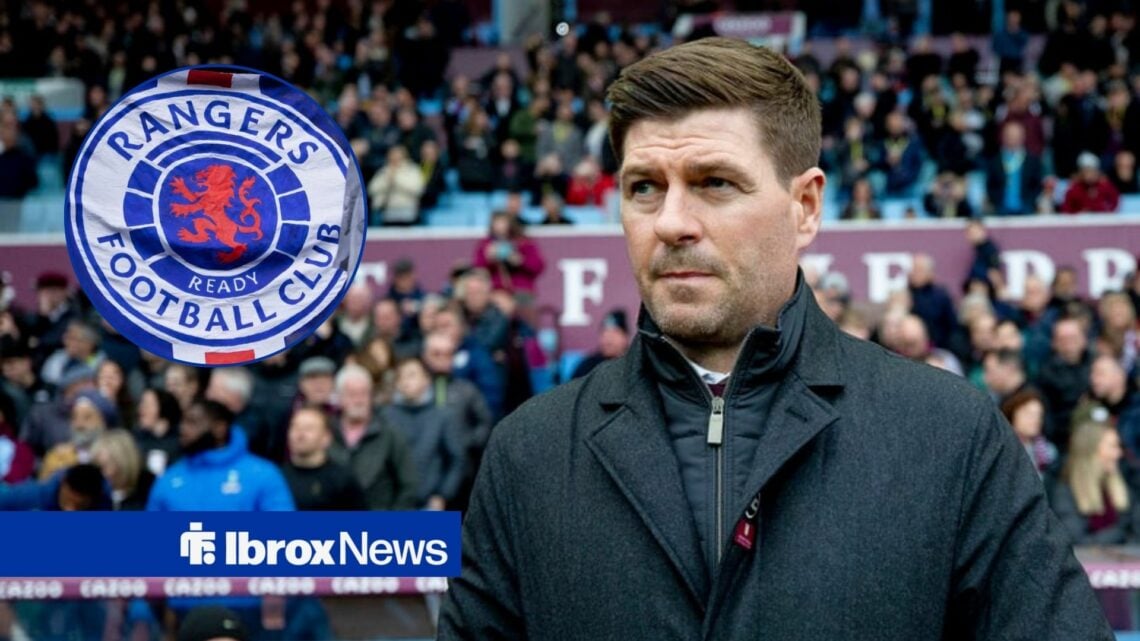 Steven Gerrard alongside a circle inset of the Rangers badge.