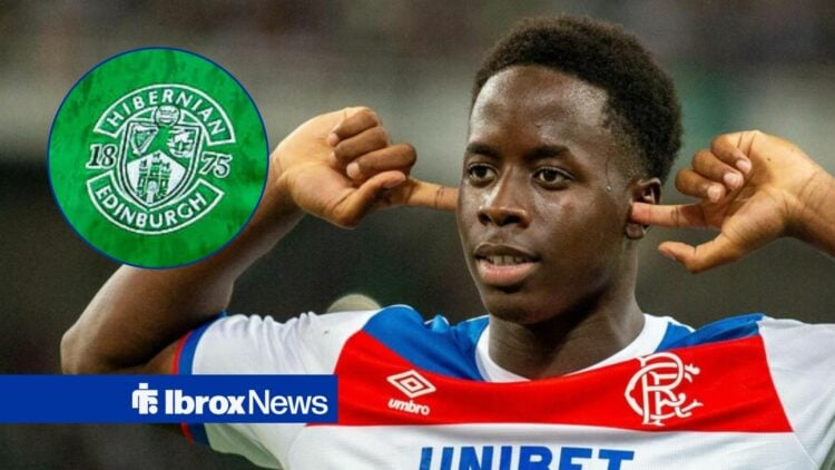 Djeidi Gassama with his fingers in his ears looking towards the Hibernian badge in a circle inset