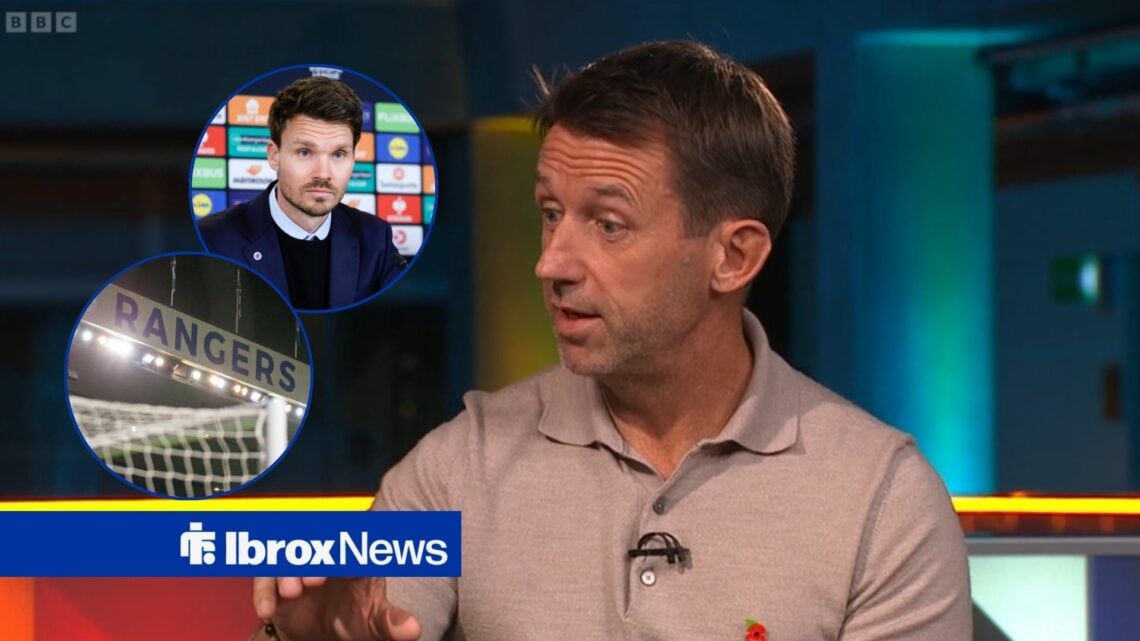 Neil McCann talks about Rangers on BBC Sportscene. Smaller images of Danny Rohl and Ibrox are to his right.