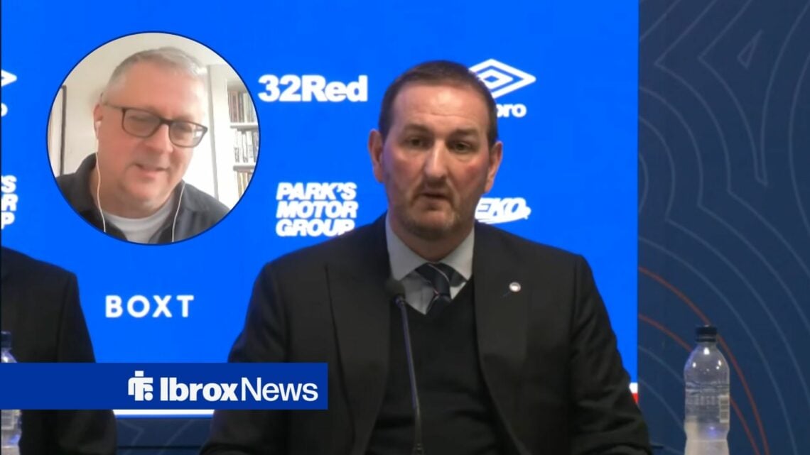 Kevin Thelwell speaks at a Rangers press conference, with Tom English in a circular frame alongside him