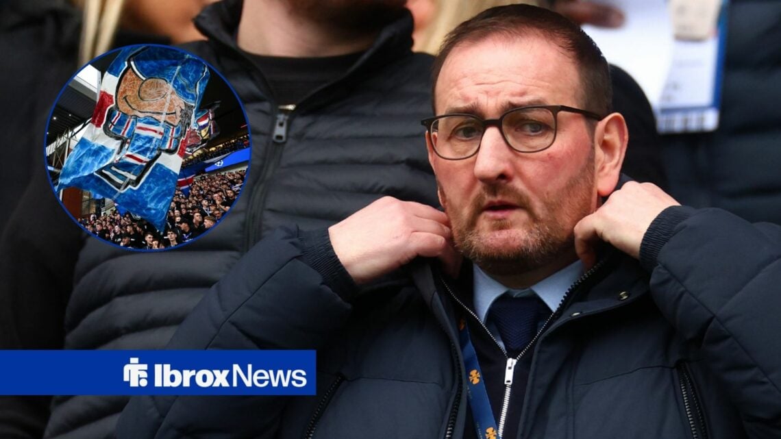 Kevin Thelwell alongside a circle inset of Rangers fans.