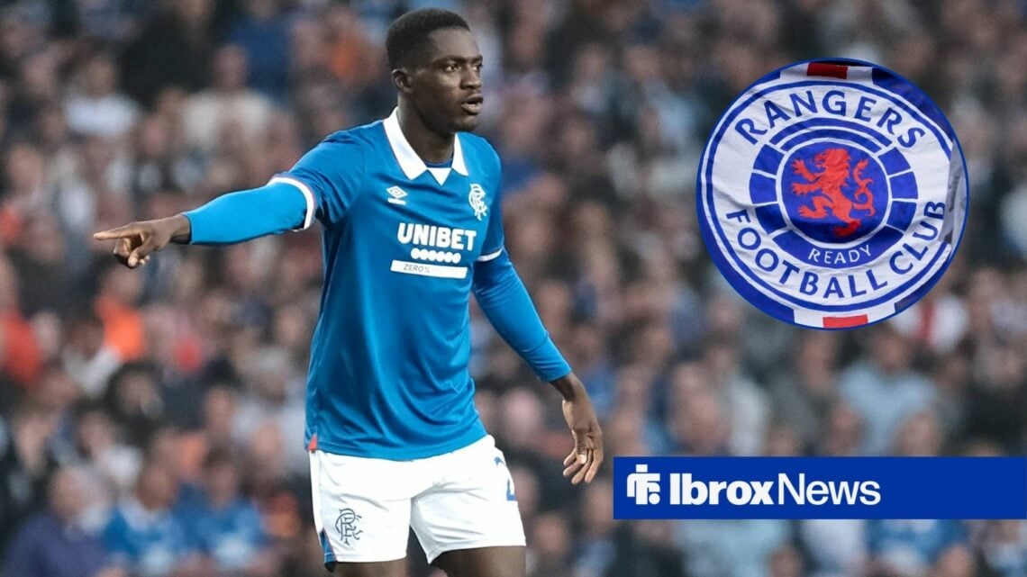 Nasser Djiga alongside a circle inset of the Rangers badge.