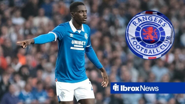 Nasser Djiga alongside a circle inset of the Rangers badge.