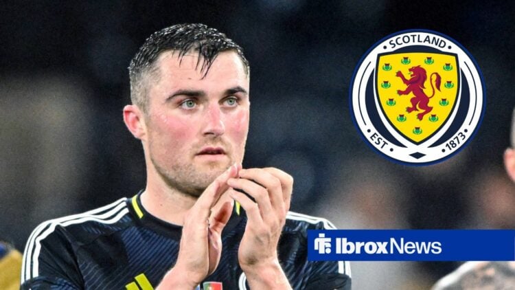 John Souttar in Scotland action, with a Scotland badge in a circular frame