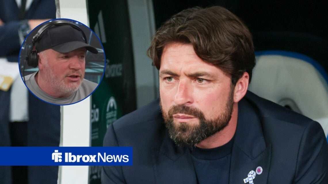 Ally McCoist on the left wearing a hat and headphones, not looking pleased to the right, as Rusell Martin sits on the right, looking to the left an...