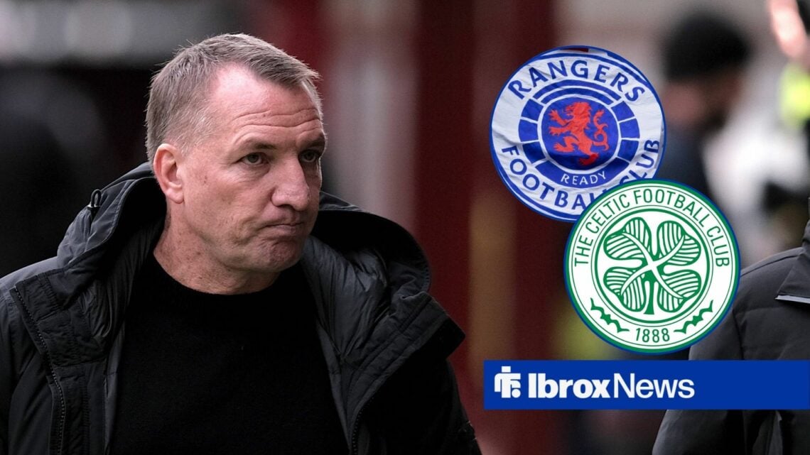 Brendan Rodgers alongside circle insets of the Rangers and Celtic badges.