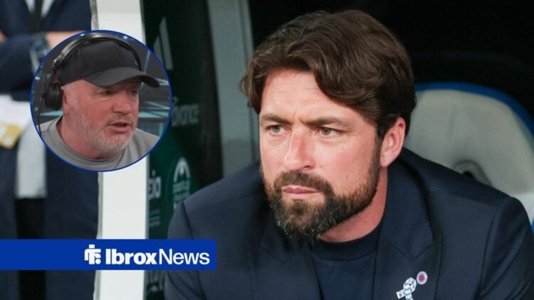 Ally McCoist on the left wearing a hat and headphones, not looking pleased to the right, as Rusell Martin sits on the right, looking to the left an...