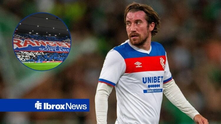 Joe Rothwell alongside a circle inset of Rangers fans.