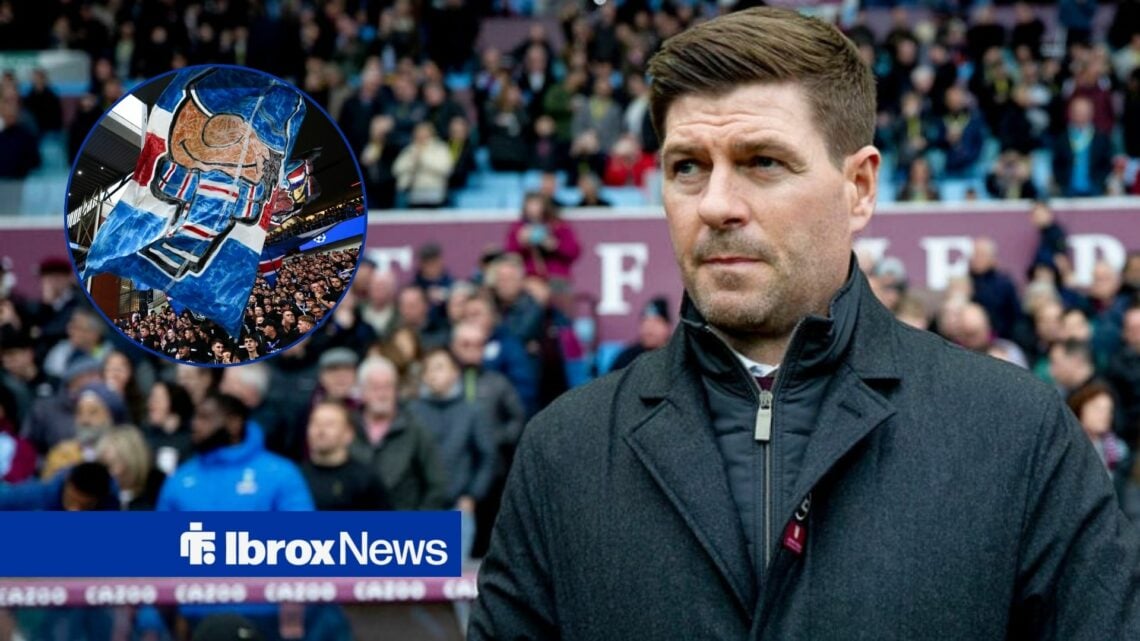 Steven Gerrard alongside a circle inset of Rangers fans.