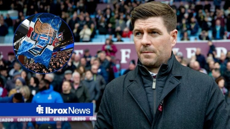 Steven Gerrard alongside a circle inset of Rangers fans.