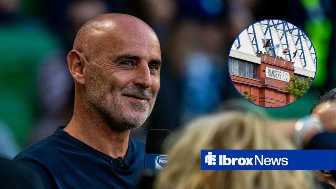 Kevin Muscat smiling, with an image of Ibrox in a circular frame inset
