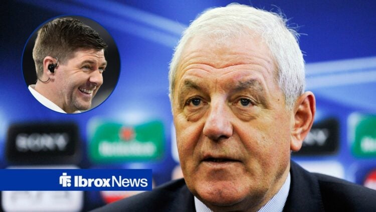 Walter Smith during a press conference, with Steven Gerrard in a circular frame alongside him