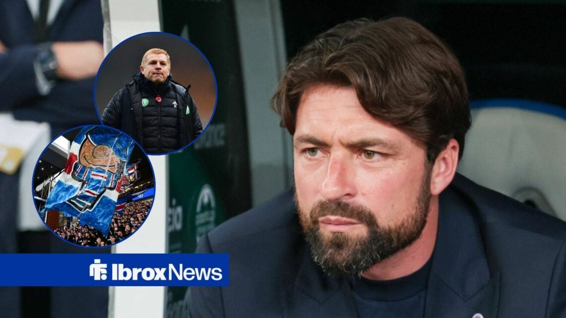 Russell Martin alongside circle insets of Rangers fans and Neil Lennon.