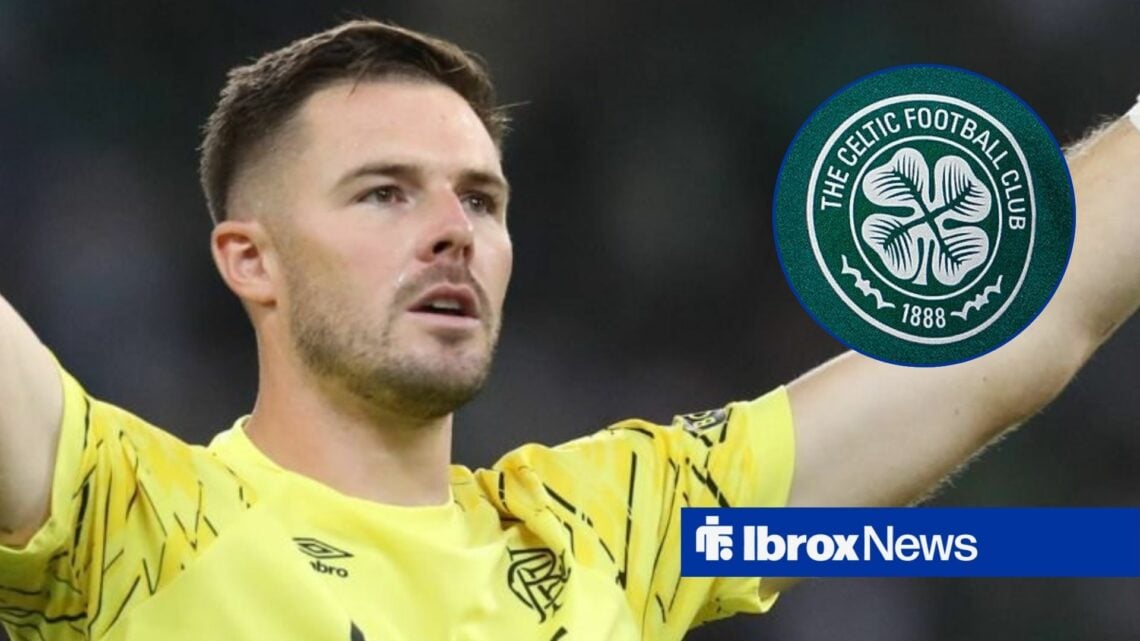 Jack Butland raising his arms looking towards a Celtic badge in a circle inset