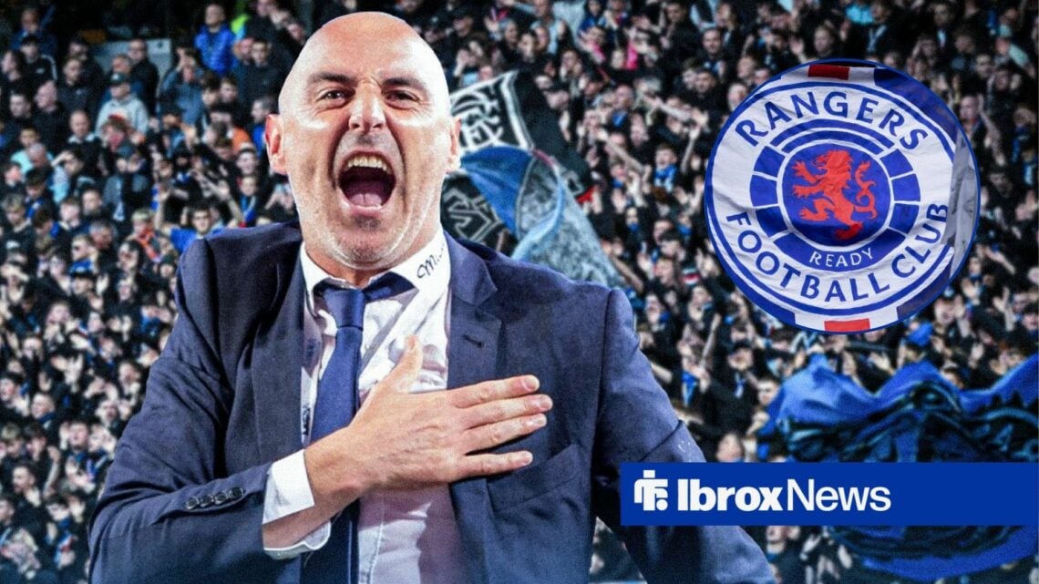 Kevin Muscat alongside a circle inset of the Rangers badge.