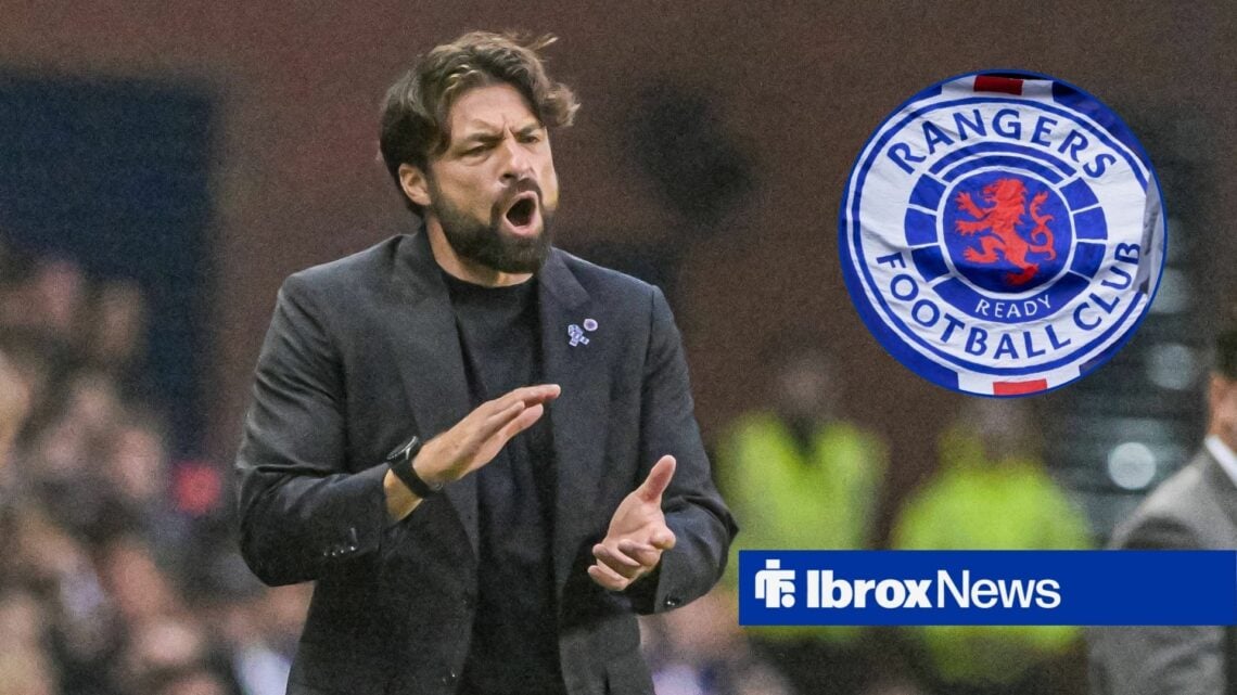 Russell Martin alongside a circle inset of the Rangers badge.