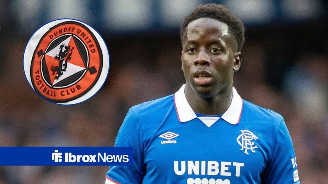 Djeidi Gassama looking at Dundee United badge in circle
