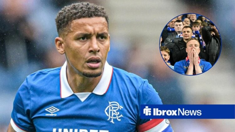 James Tavernier looking annoyed towards Rangers fans looking frustrated