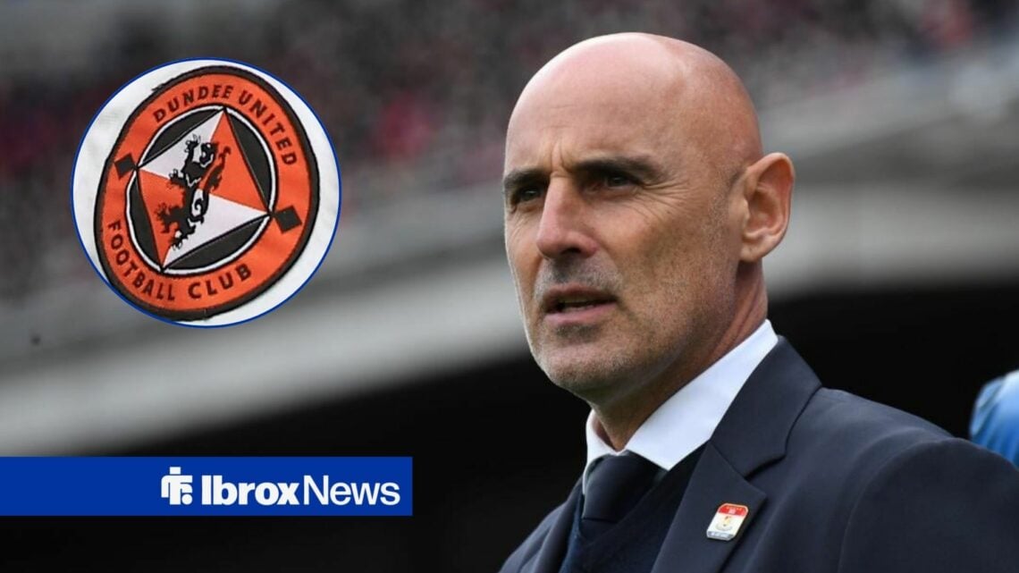 Kevin Muscat looking confused with Dundee United badge in circle