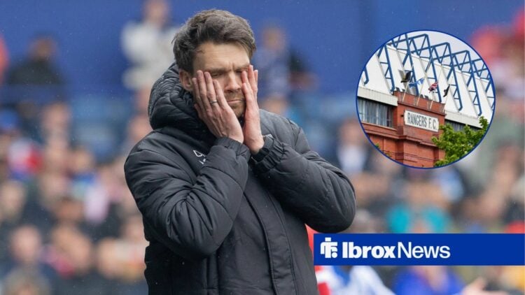 Danny Rohl with his head in his hands, with an image of Ibrox in a circular frame to his right