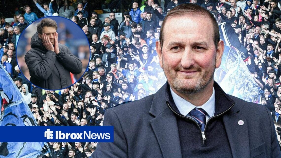 Kevin Thelwell slightly smiling infront of packed out Ibrox, Danny Rohl with head in hands in circular inset