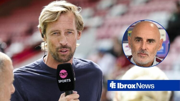 Former Premier League striker Peter Crouch talking to TNT Sports with Rangers-linked manager Kevin Muscat inset