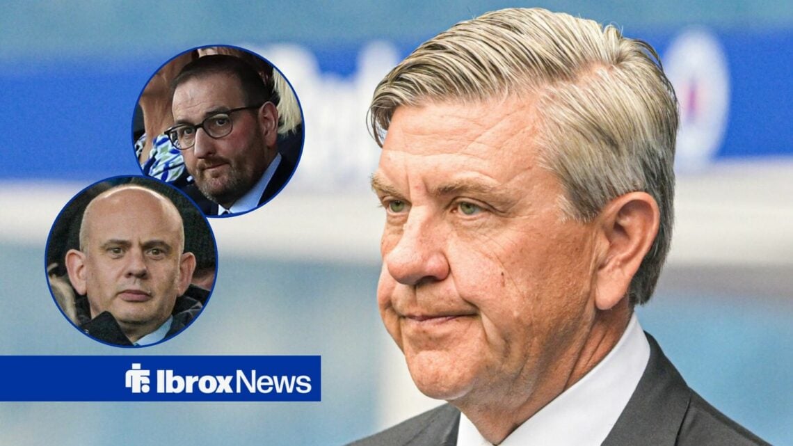 Rangers chairman Andrew Cavenagh with Kevin Thelwell and Patrick Stewart inset